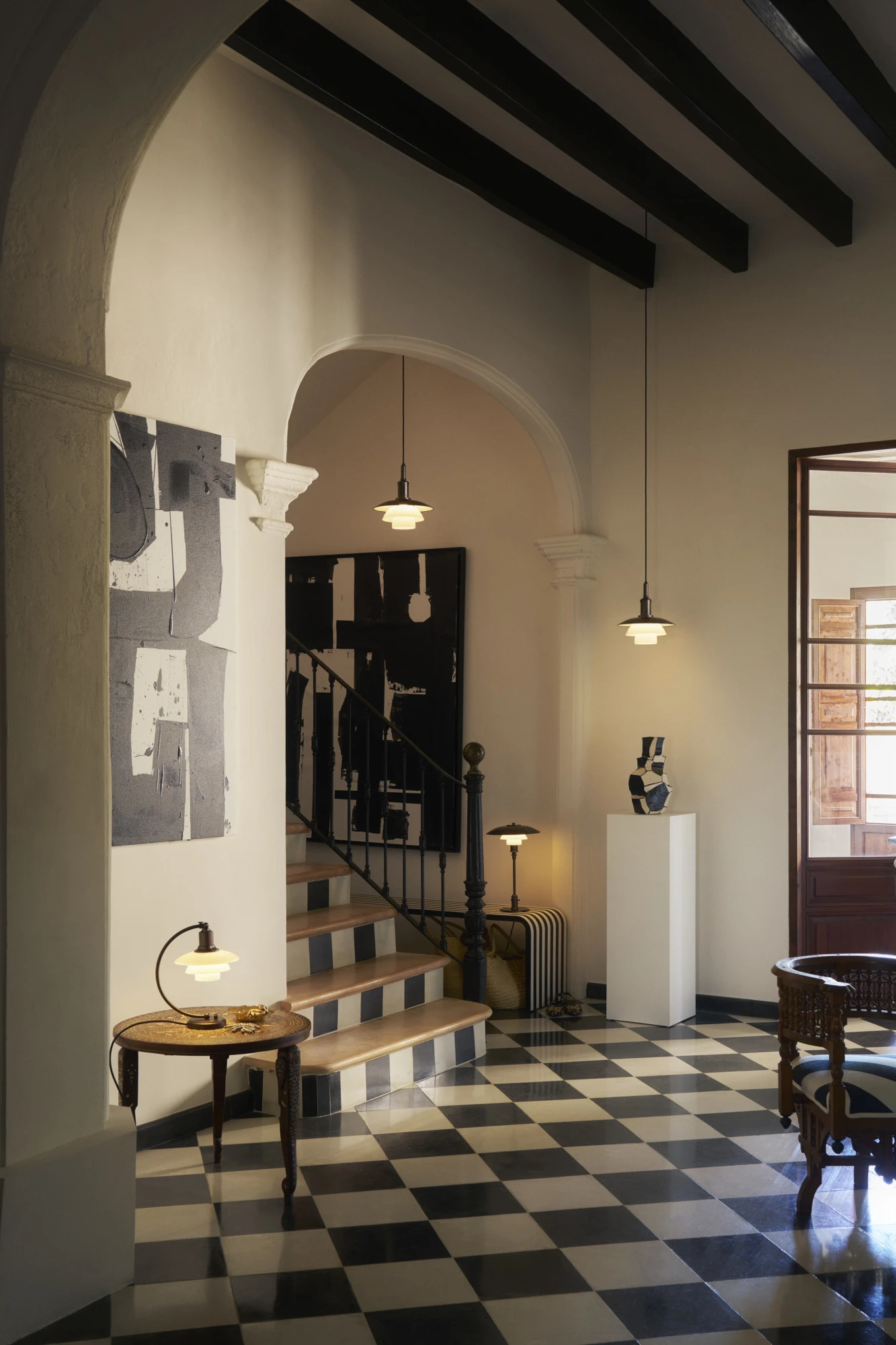 Aged Brass lamps styled in Malene Birger’s Mallorca home interior, © 2025 Louis Poulsen.