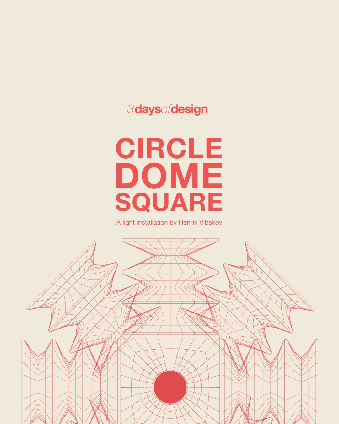 Geometric red wireframe graphic promoting Henrik Vibskov’s light installation, © 2025 Louis Poulsen.