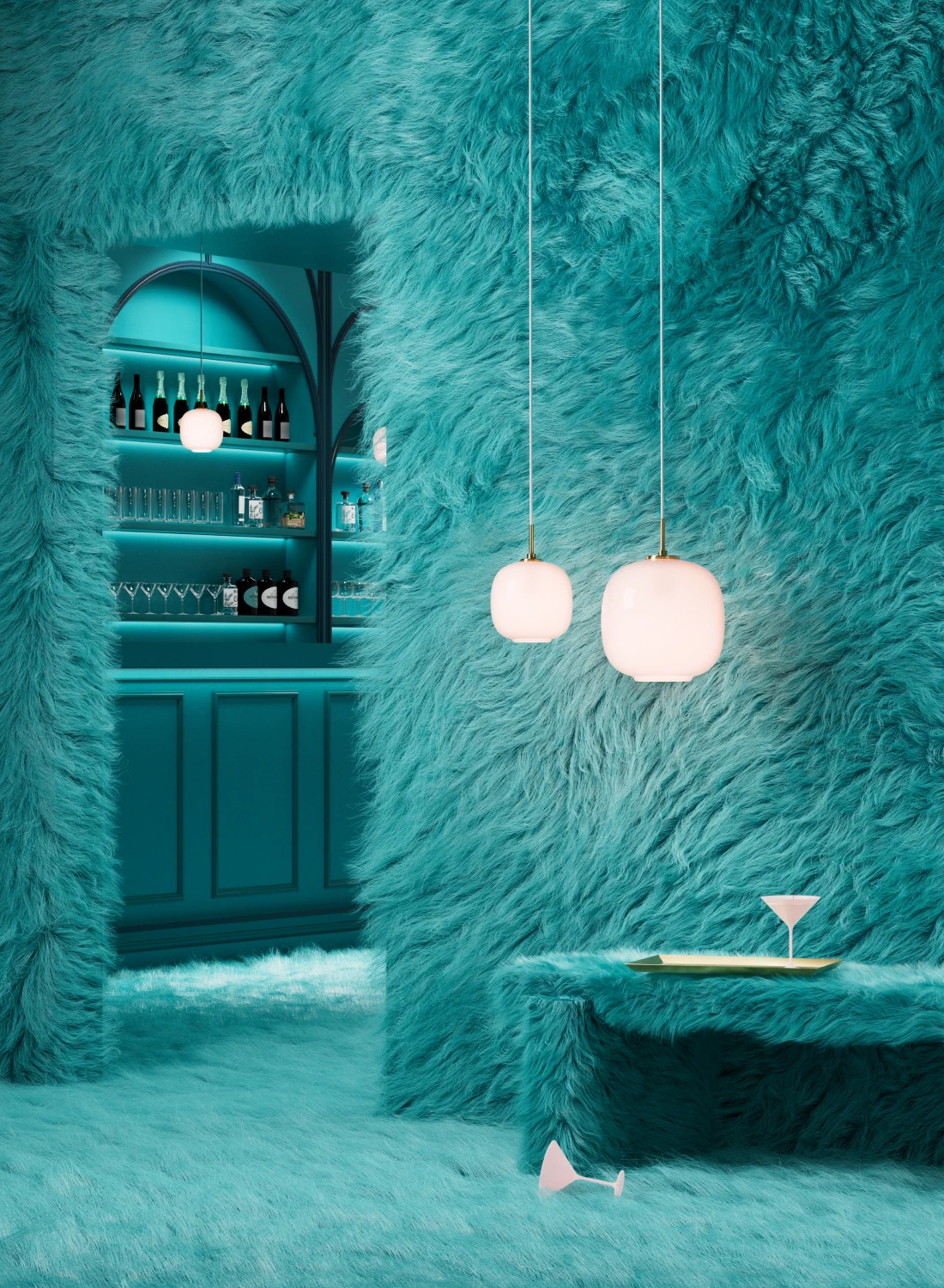 Deux suspensions VL 45 Radiohus Pale Rose éclairent une pièce turquoise aux murs, au sol et au mobilier recouverts de fourrure. © 2026 Louis Poulsen.