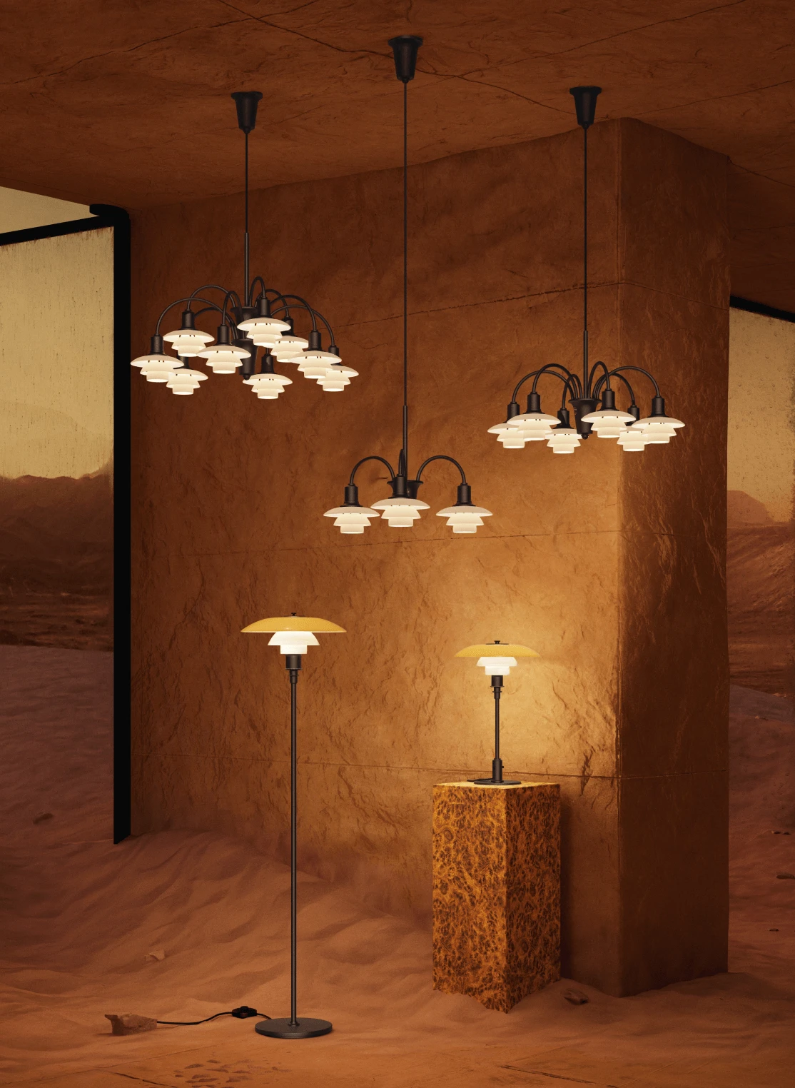 PH Centenary kroonluchter, vloerlamp en tafellamp in Marsachtig woestijnlandschap, © 2025 Louis Poulsen.