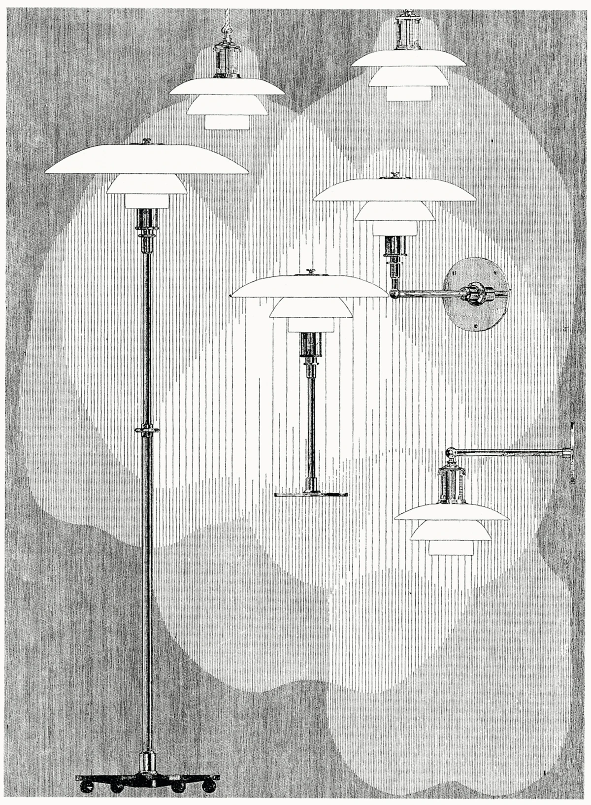 Vintage-illustratie van verschillende PH-lampontwerpen die laat zien hoe de kappen het licht verdelen.