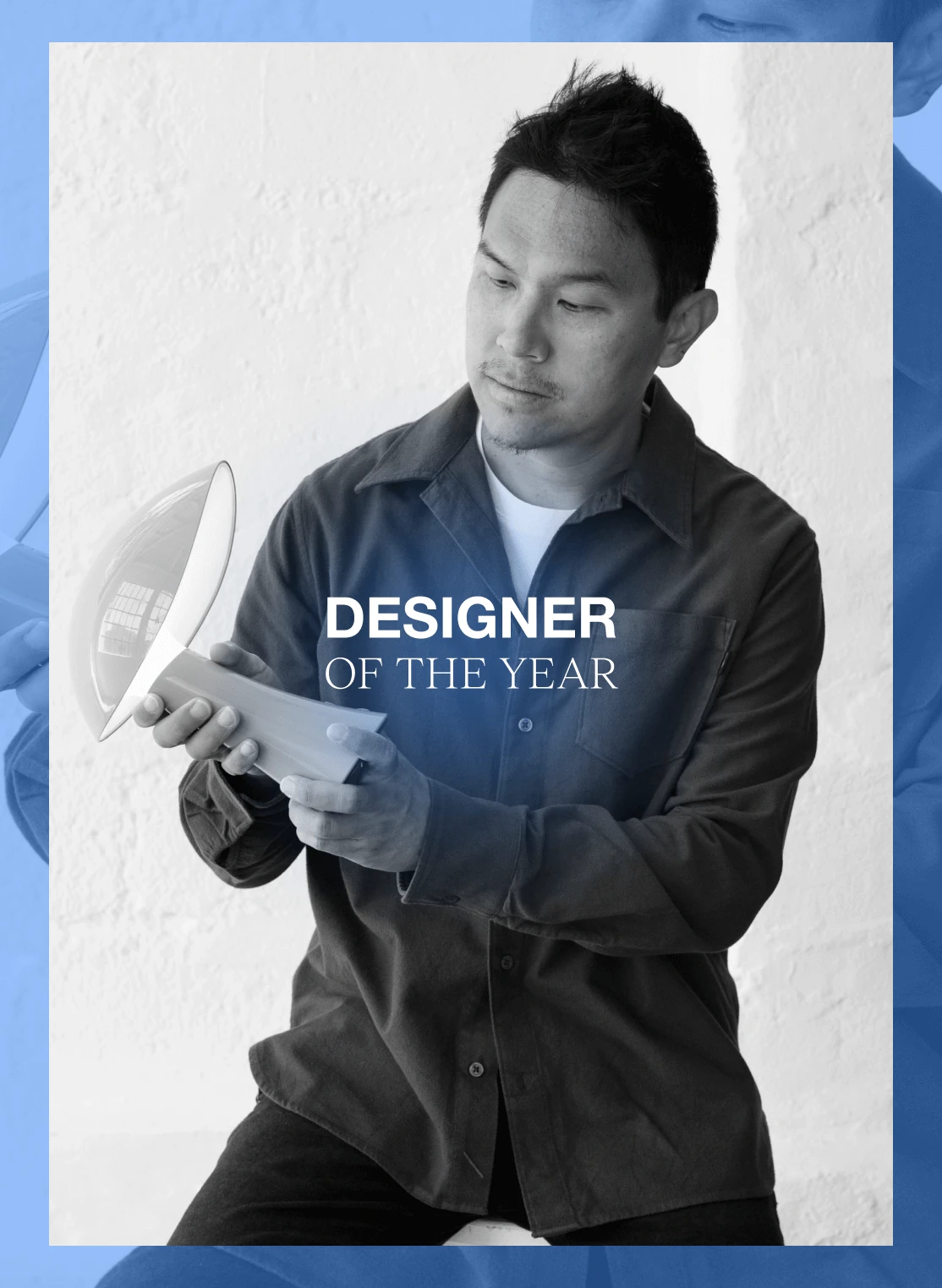 Designer holding a Rumee portable lamp, with a 'Designer of the Year' title, © 2025 Louis Poulsen.