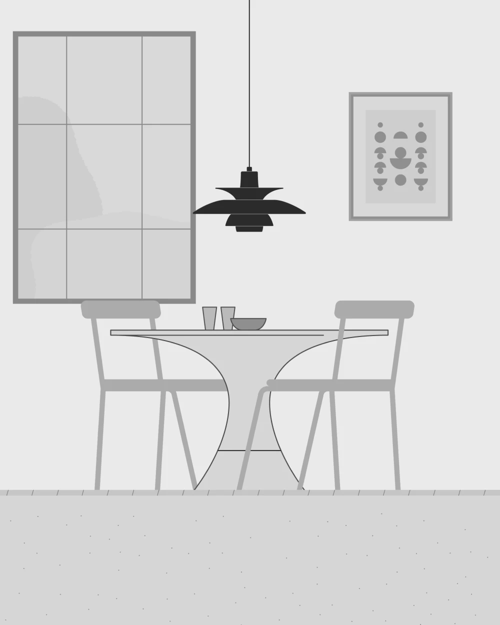 One PH pendant lamps above a dining table with spacing and height guidelines, © 2025 Louis Poulsen.