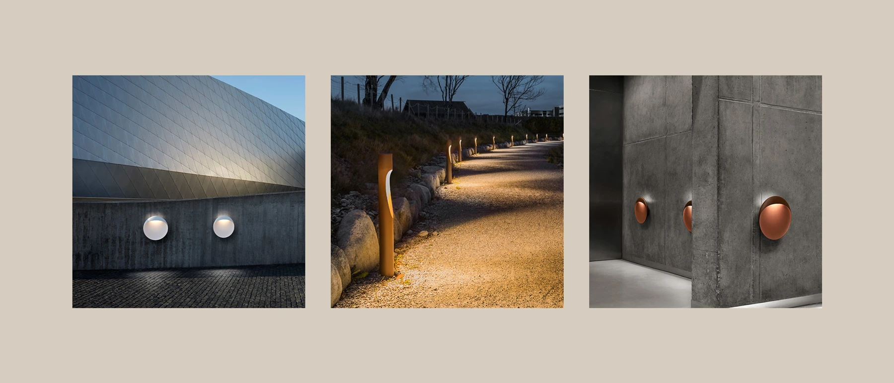 Flindt Wall Lamp sur une façade et des murs en béton, et Flindt Bollard éclairant un chemin de gravier. © 2026 Louis Poulsen.