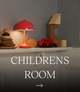 Children’s room →, with a red Panthella 250 Table Lamp among toys on a shelf. © 2026 Louis Poulsen.