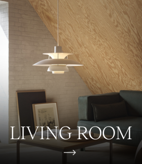 A white PH 5 pendant hangs in a living room with a sloping wood ceiling and the text “Living Room.” © 2026 Louis Poulsen.