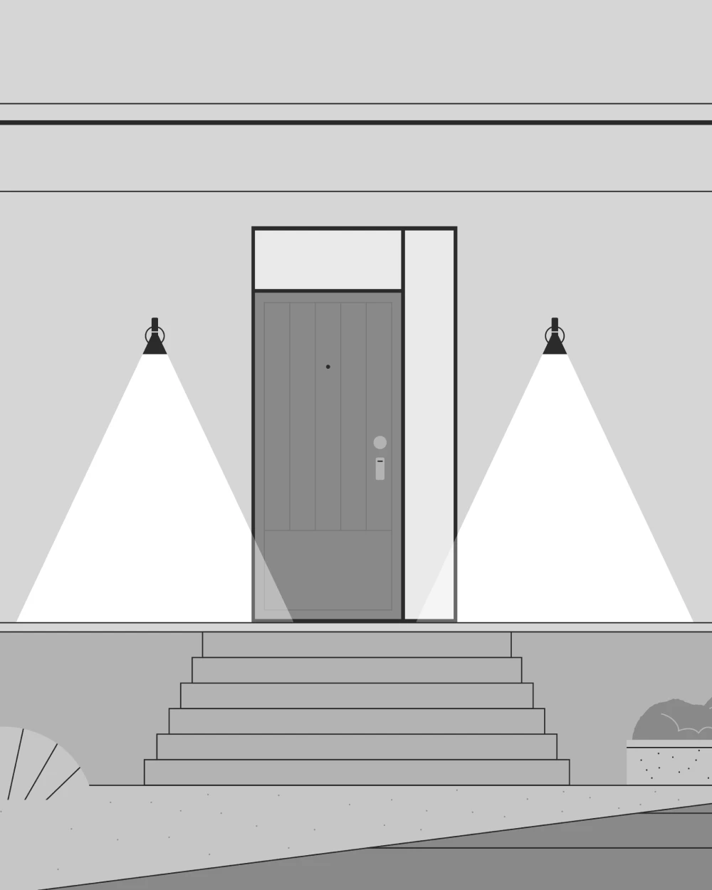 Two AJ Wall Lamp wall lights cast broad beams across a front entrance and its steps. © 2026 Louis Poulsen.