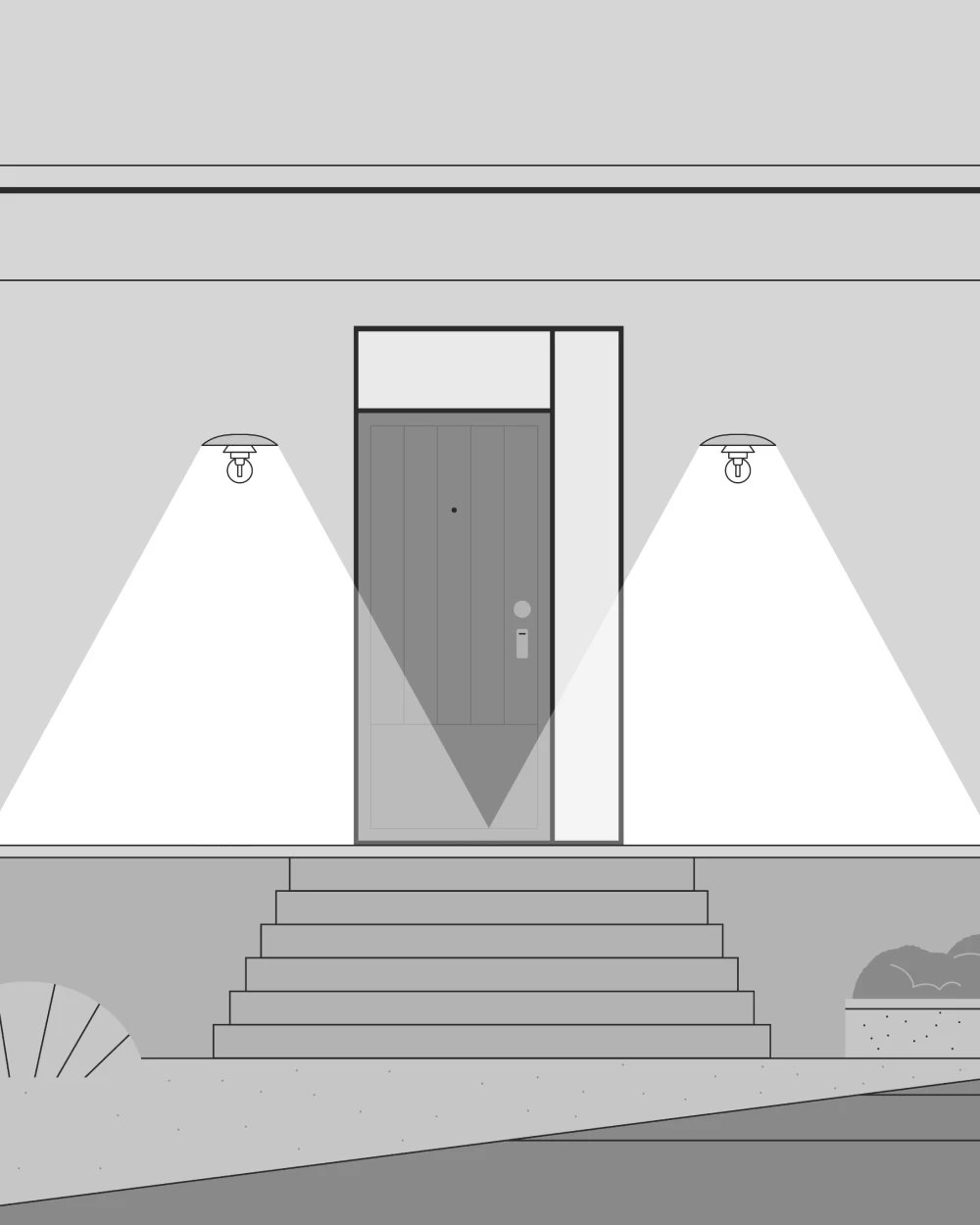 Two PH 3-2½ Outdoor Wall Lamps illuminate the steps and entrance of a house. © 2026 Louis Poulsen.