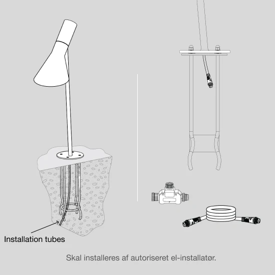 Installatietekening van de AJ Garden bolder met installatiebuizen; de installatie moet door een bevoegd elektricien worden uitgevoerd. © 2026 Louis Poulsen.