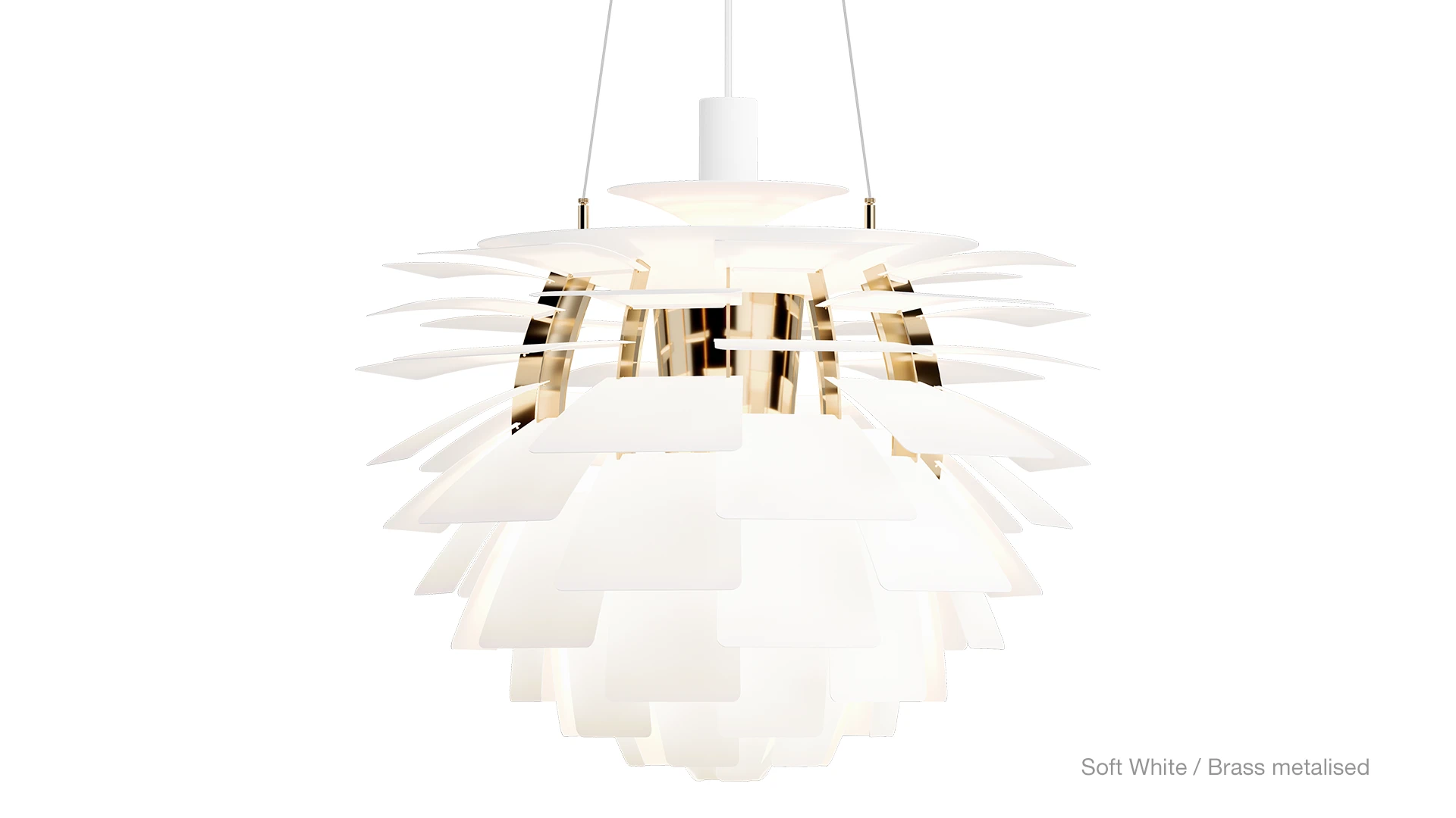 PH Artichoke hanglamp in Soft White met een messinggemetalliseerde afwerking, tegen een witte achtergrond. © 2026 Louis Poulsen.