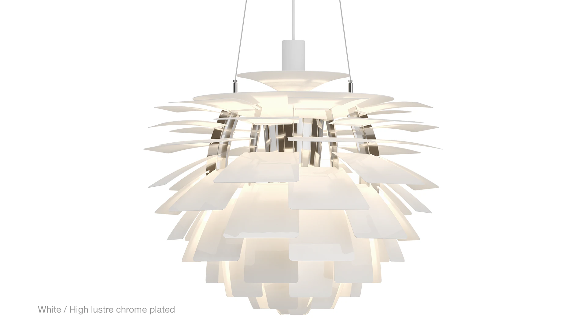 Witte PH Artichoke hanglamp met hoogglans verchroomde details tegen een witte achtergrond. © 2026 Louis Poulsen.