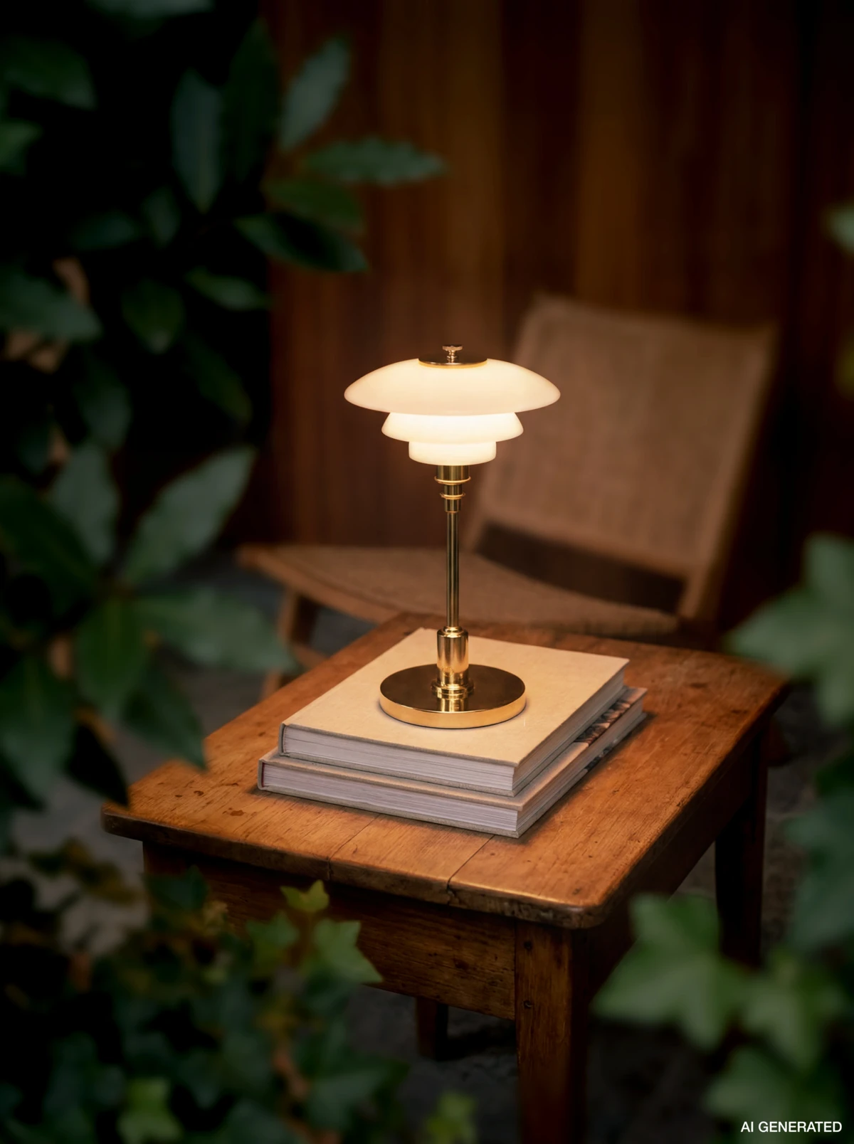 De PH 1/1 Portable Lamp van messing en opaalglas verlicht boeken op een rustieke houten tafel. © 2026 Louis Poulsen.