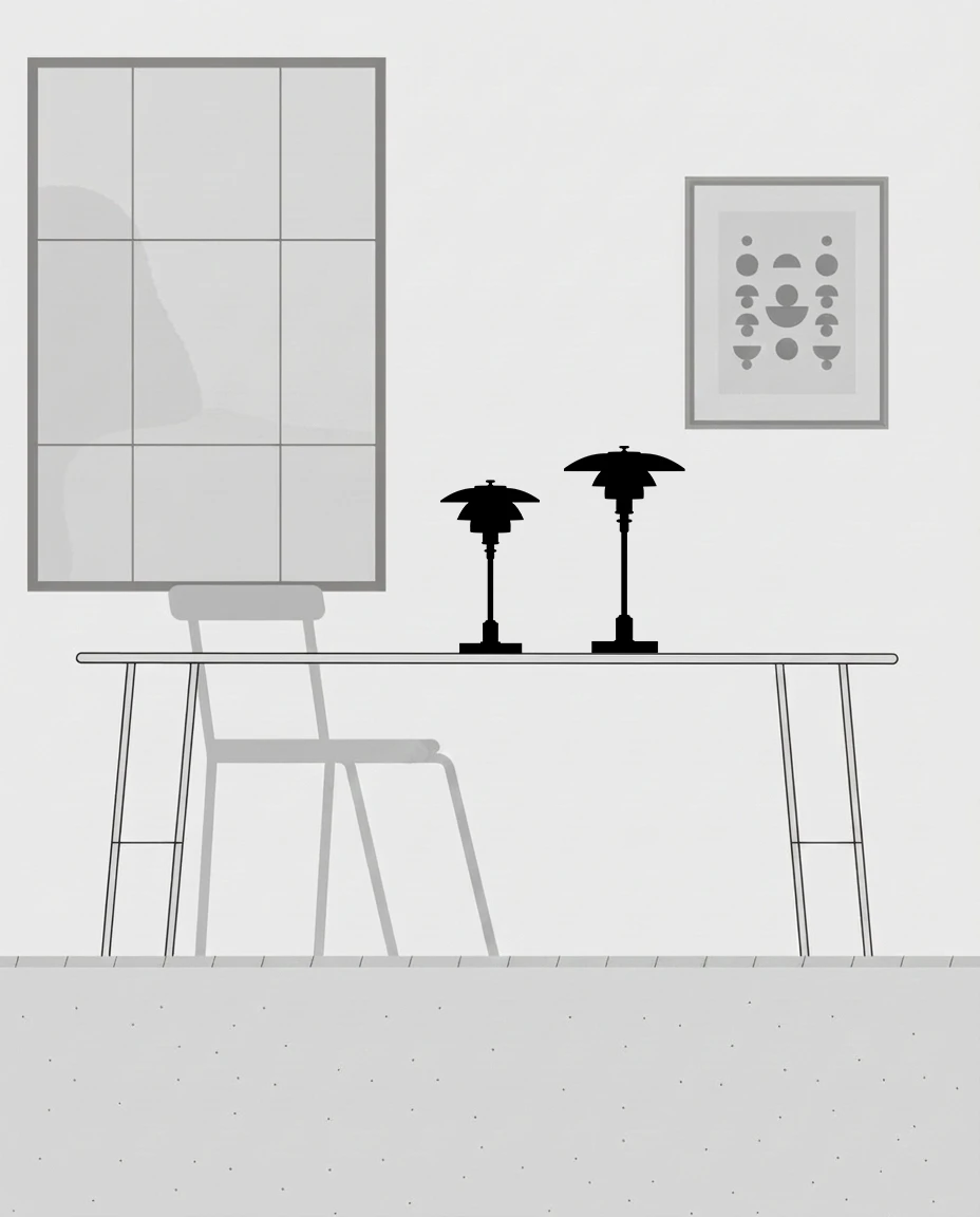 Twee zwarte PH 1/1 Portable Lamp staan op een ranke tafel in een lichte, minimalistische ruimte. © 2026 Louis Poulsen.