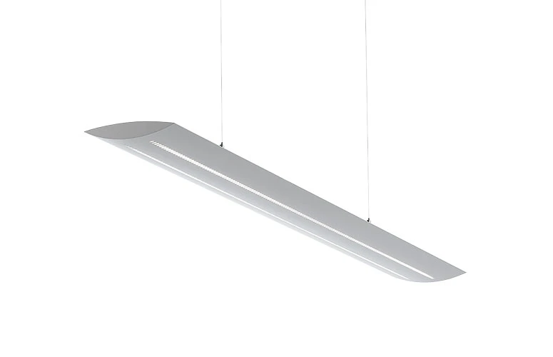 Silver-grey AL 600 pendant suspended on fine wires against a white background. © 2026 Louis Poulsen.
