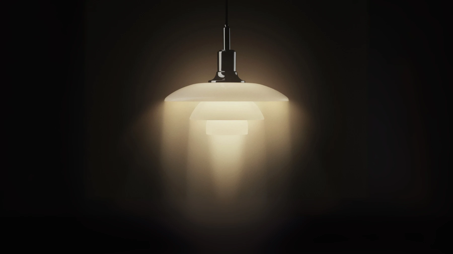 Een witte PH 5 hanglamp verspreidt warm licht tegen een donkere achtergrond. © 2026 Louis Poulsen.