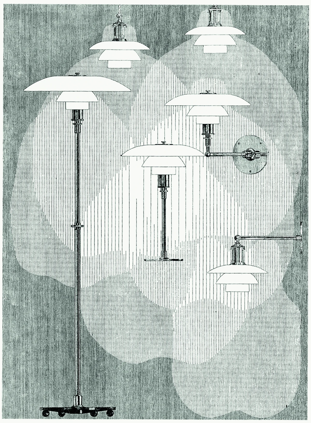 Vintage illustratie van Poul Henningsens meerlagige lampontwerpen, © 2025 Louis Poulsen.