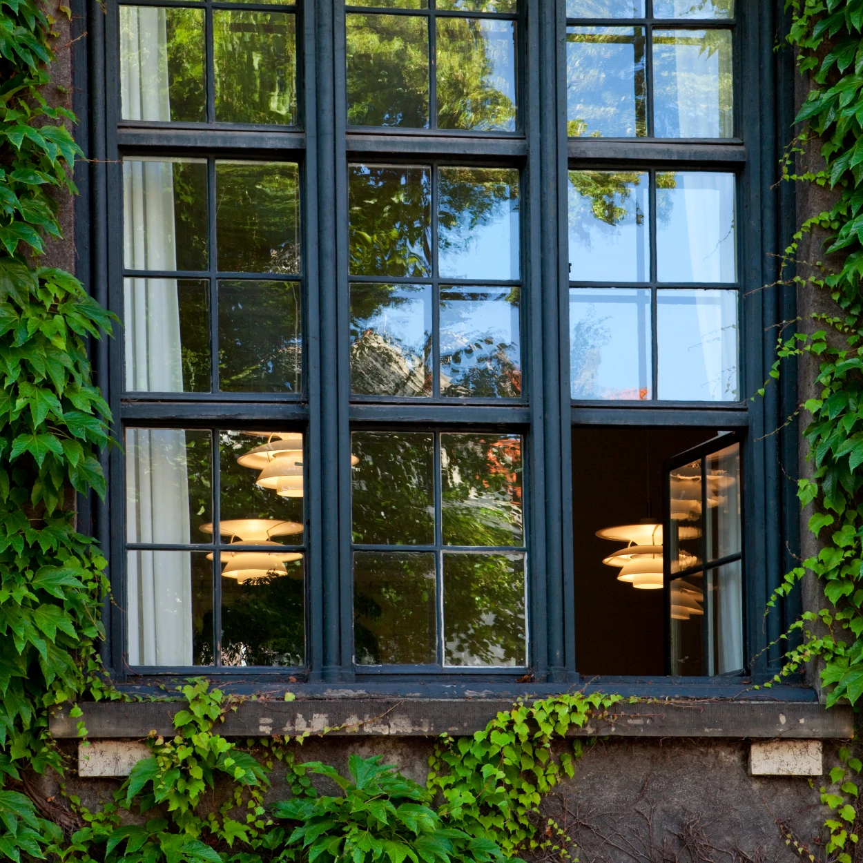 Witte PH 5-hanglampen verlichten een ruimte achter grote ramen, omgeven door groene klimplanten. © 2026 Louis Poulsen.