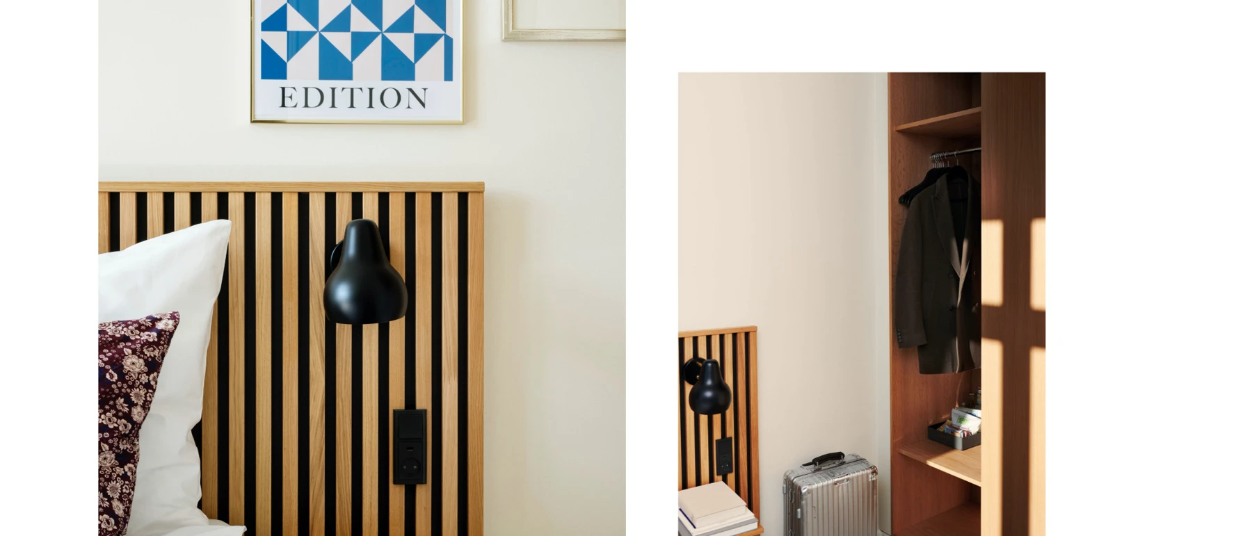 A black Keglen Wall Lamp beside a bed with a slatted wooden headboard at Coco Hotel. © 2026 Louis Poulsen.