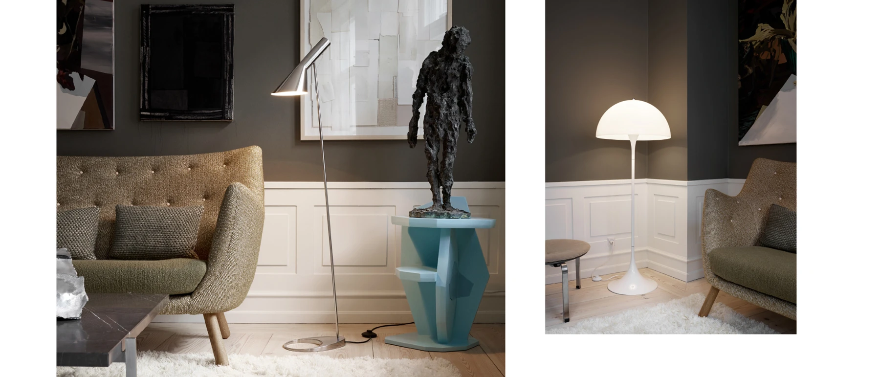 An AJ Floor Lamp and a white Panthella Floor Lamp stand among lounge seating and artwork at The Darling. © 2026 Louis Poulsen.