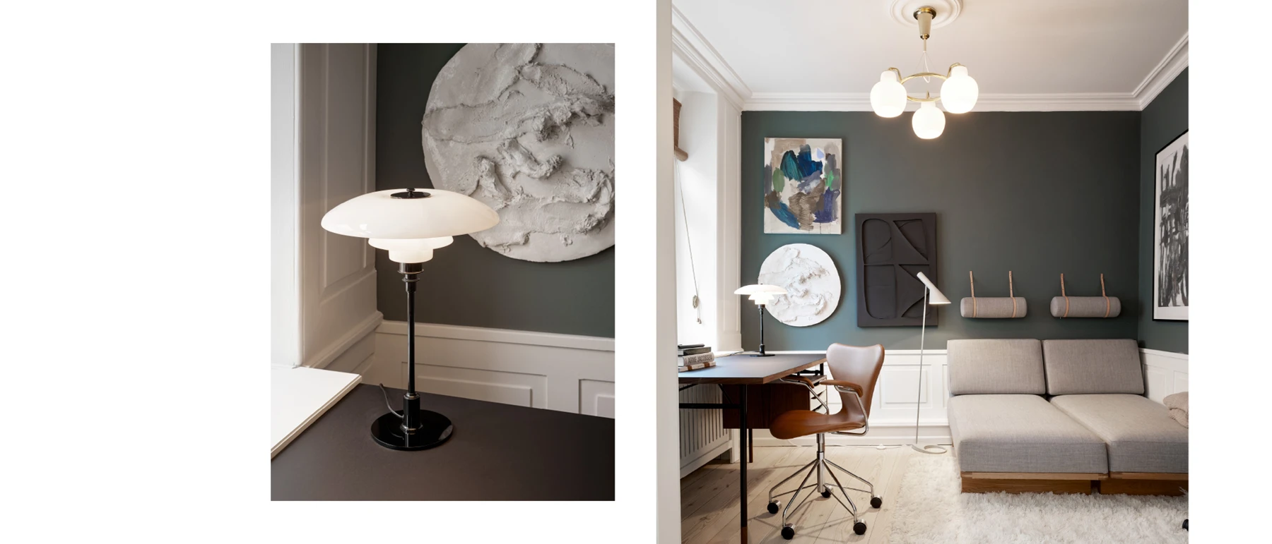 A PH 3/2 Table Lamp, AJ Table Lamp and AJ Floor Lamp in a home office with a dark green wall and pale sofa. © 2026 Louis Poulsen.