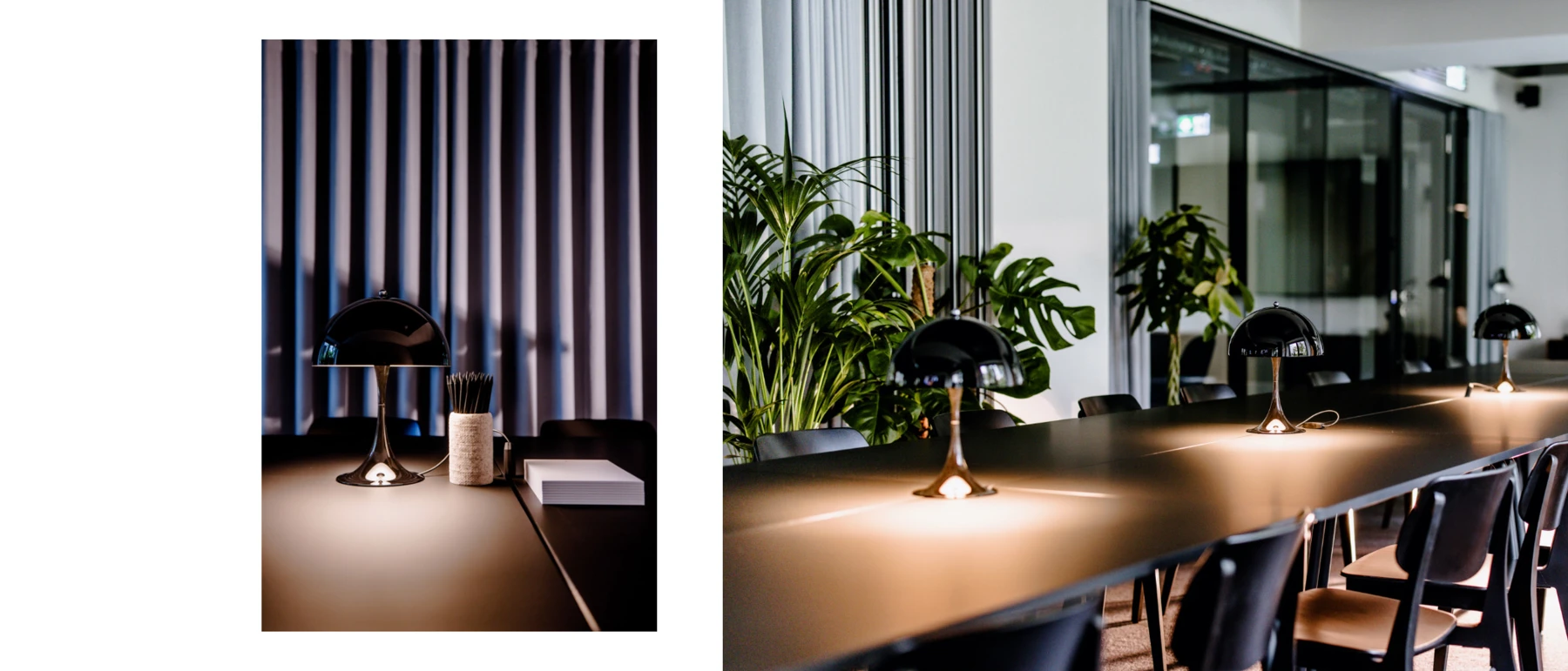 Panthella 250 Table Lamps with black shades light a long meeting table in a modern room with plants. © 2026 Louis Poulsen.