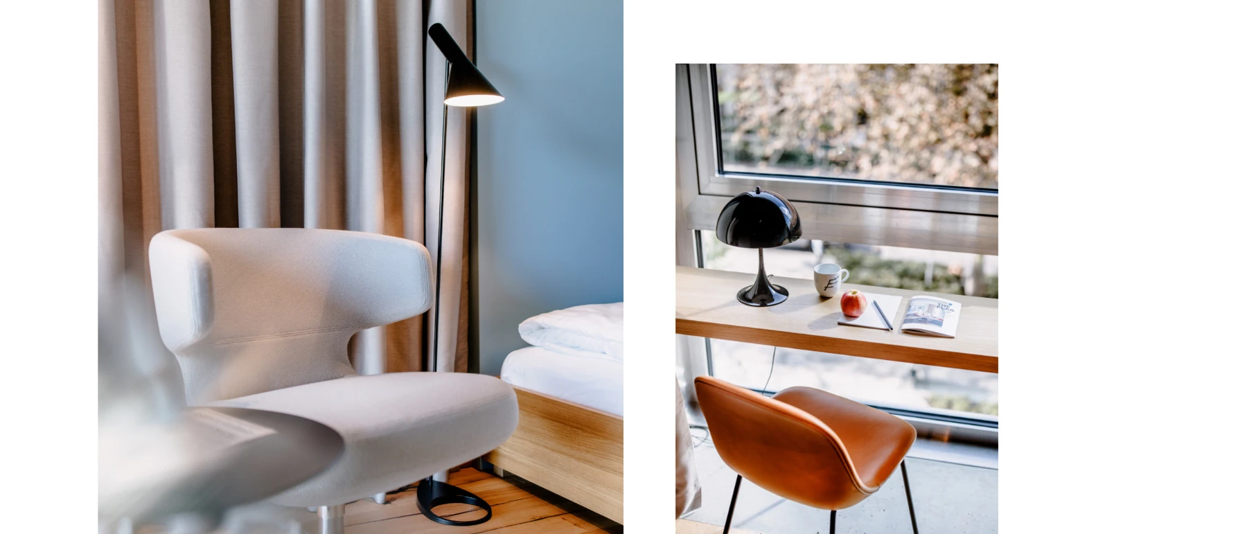 A black AJ Floor Lamp stands beside an armchair, while a black AJ Table Lamp sits on the desk by the window. © 2026 Louis Poulsen.