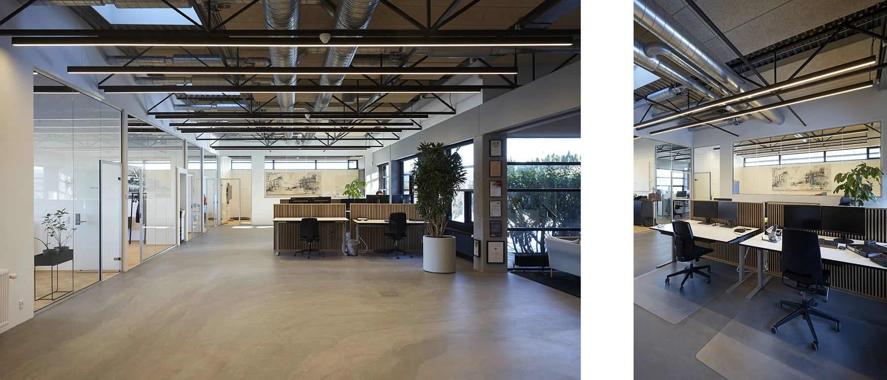 A black AJ Floor Lamp stands by the seating area in a modern office with glass walls and long ceiling lights. © 2026 Louis Poulsen.