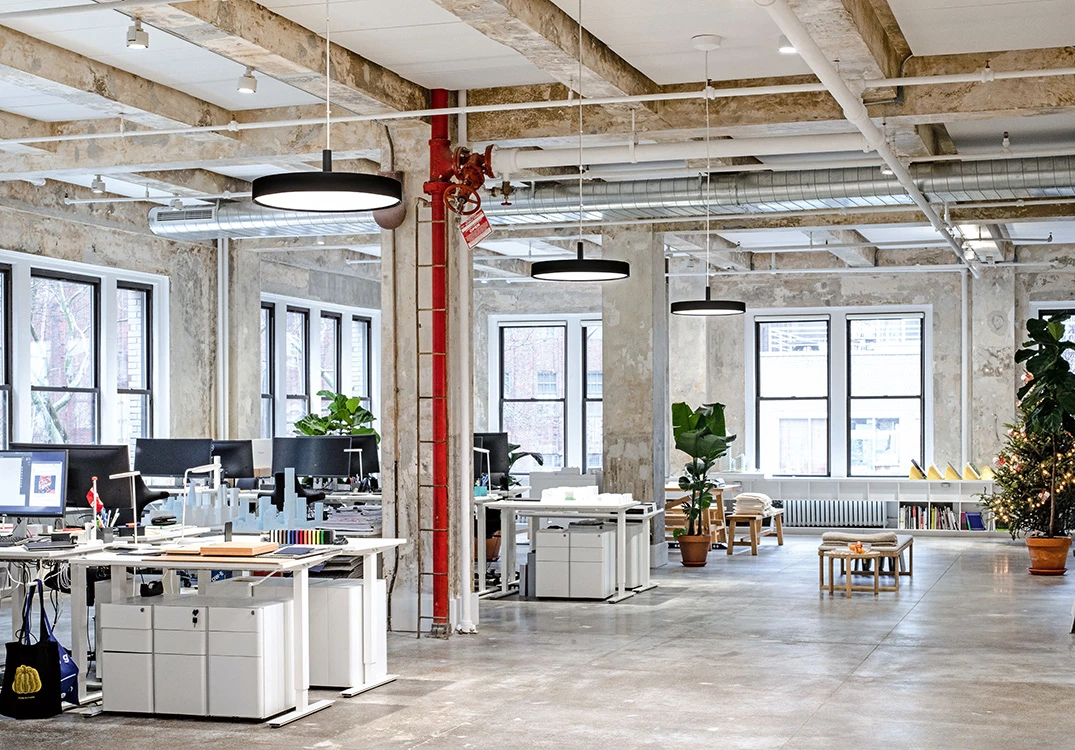 Black LP Slim Round suspended luminaires above desks in a bright office with exposed concrete walls. © 2026 Louis Poulsen.