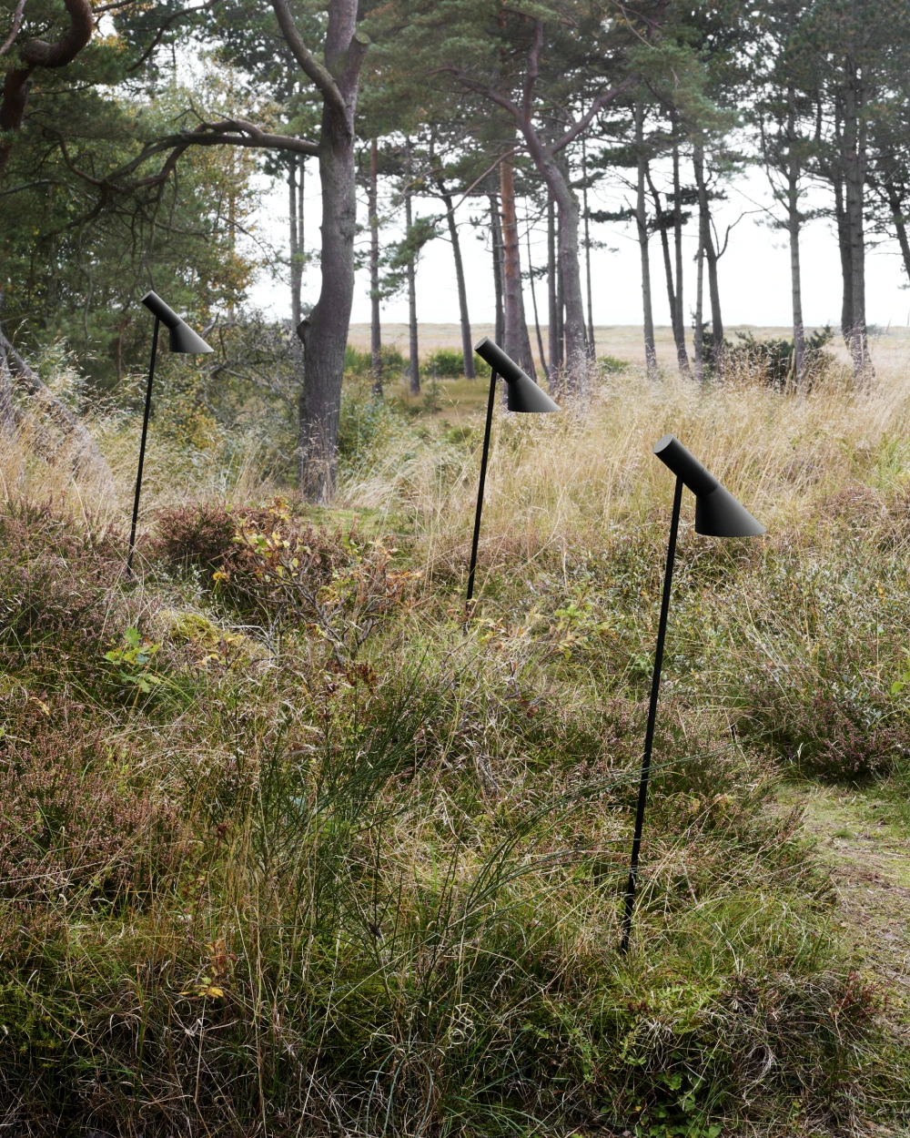 Zwarte AJ Garden-bolderarmaturen staan tussen hoog gras en bomen in een natuurlijke tuin. © 2026 Louis Poulsen.