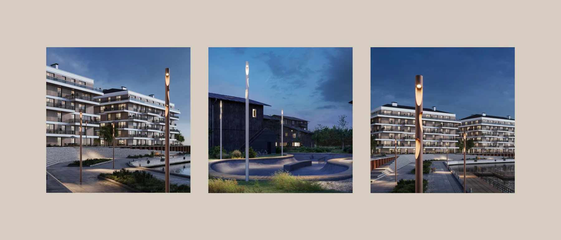 Les luminaires d’extérieur Flindt Plaza éclairent les allées près d’immeubles résidentiels modernes au crépuscule. © 2026 Louis Poulsen.