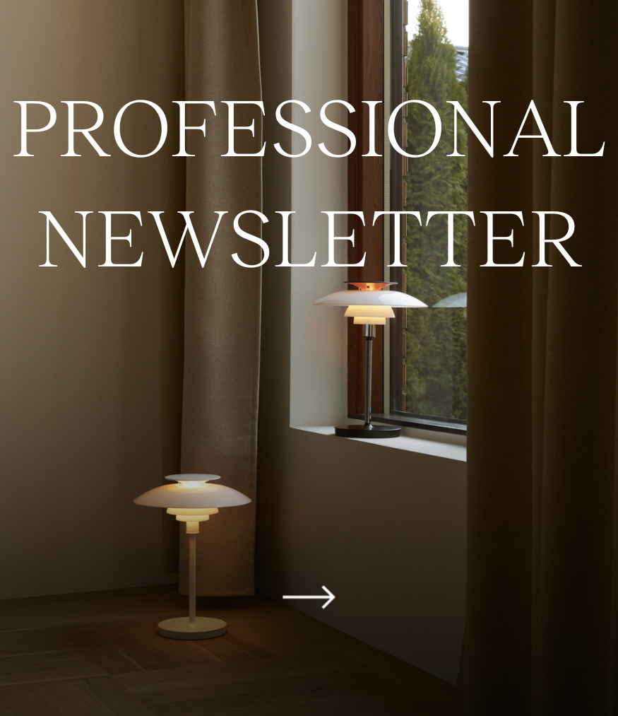 Professionele nieuwsbrief; een PH 3½-2½ vloerlamp en een PH 3/2 tafellamp staan bij een raam. © 2026 Louis Poulsen.