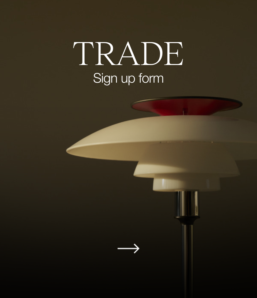 Trade sign-up form beside a PH 80 Floor Lamp with white shades and a red top reflector. © 2026 Louis Poulsen.