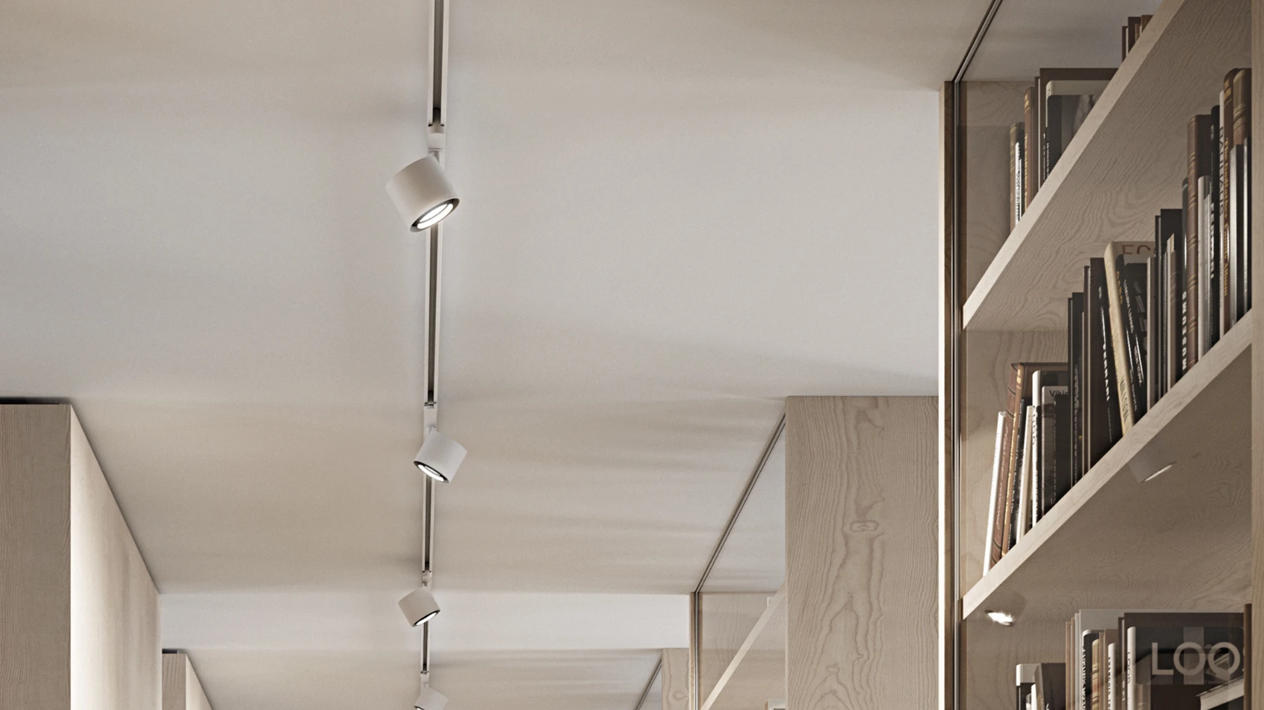 White LP Xperi track spotlights illuminate a light wood bookcase. © 2026 Louis Poulsen.