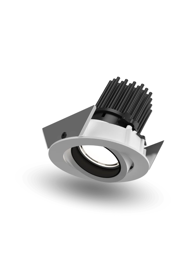 LP 045 Recessed adjustable downlight with a white trim and black heat sink, shown against a light background. © 2026 Louis Poulsen.