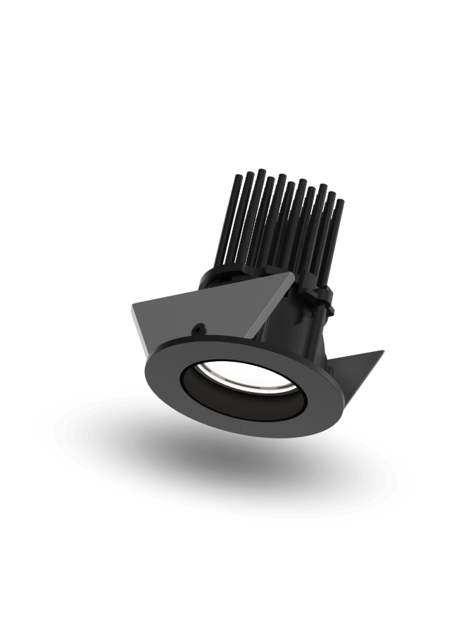 LP 045 Recessed, a black recessed downlight with cooling fins, shown against a white background. © 2026 Louis Poulsen.