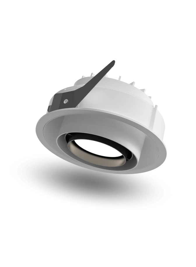 White LP 072 Semi-Recessed downlight with a black inner ring, shown as a standalone product. © 2026 Louis Poulsen.
