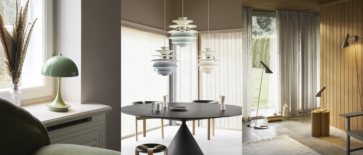 A green Panthella 250 Table Lamp, PH 5 pendants and AJ floor and wall lamps in bright, modern interiors. © 2026 Louis Poulsen.
